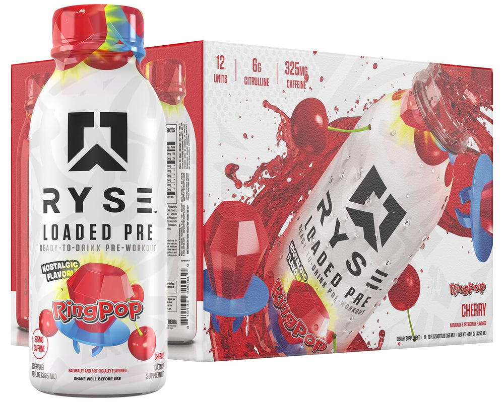 RYSE Loaded Ring Pop Cherry bottle front view, ready-to-drink energy for quick workouts.
