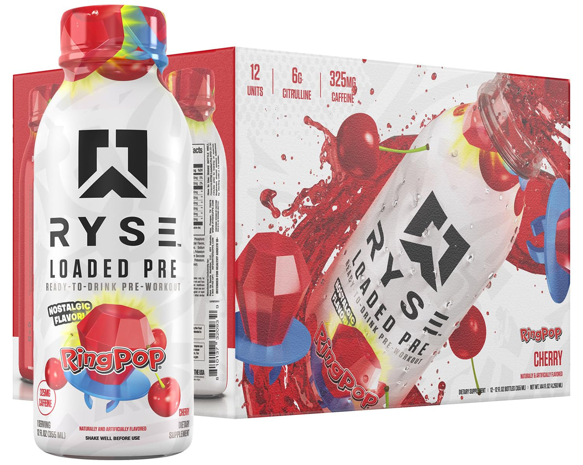 RYSE Loaded Ring Pop Cherry bottle front view, ready-to-drink energy for quick workouts.