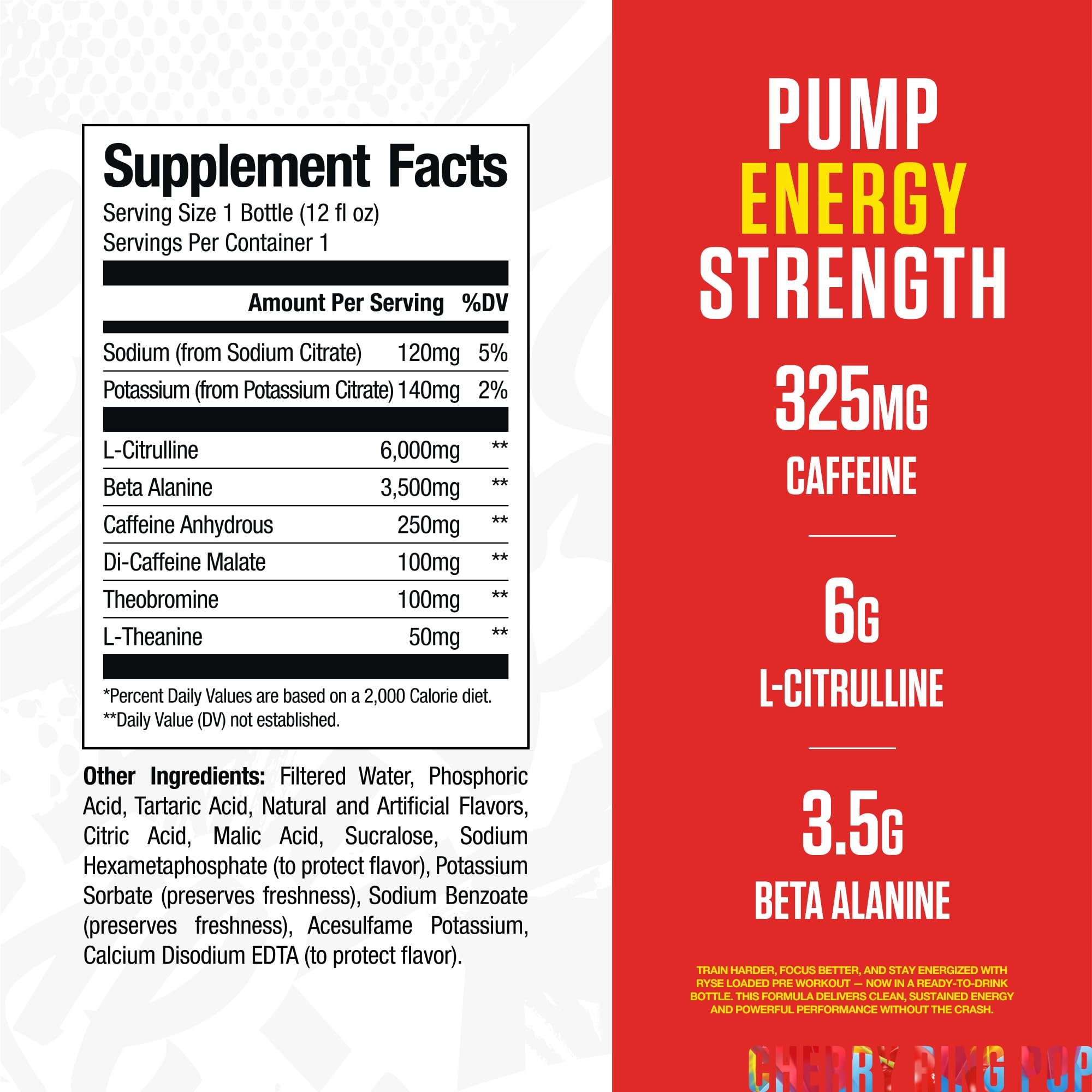 RYSE Loaded Ring Pop Cherry bottle side view highlighting sugar-free formula for energy.
