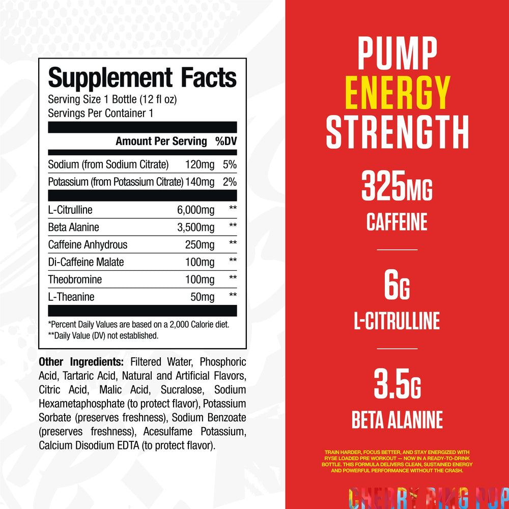 RYSE Loaded Ring Pop Cherry bottle side view highlighting sugar-free formula for energy.