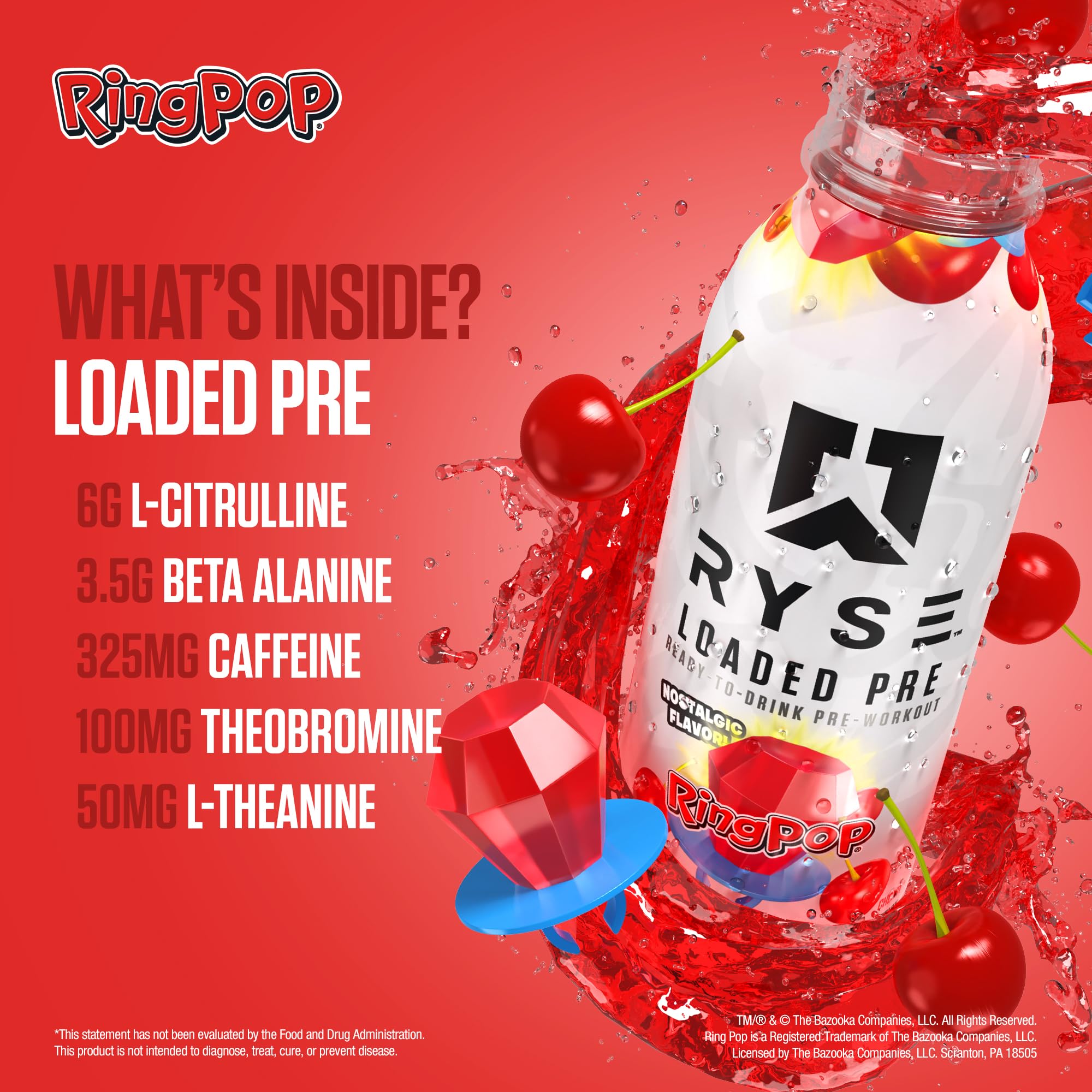 RYSE Loaded Ring Pop Cherry label closeup with caffeine and formula details.