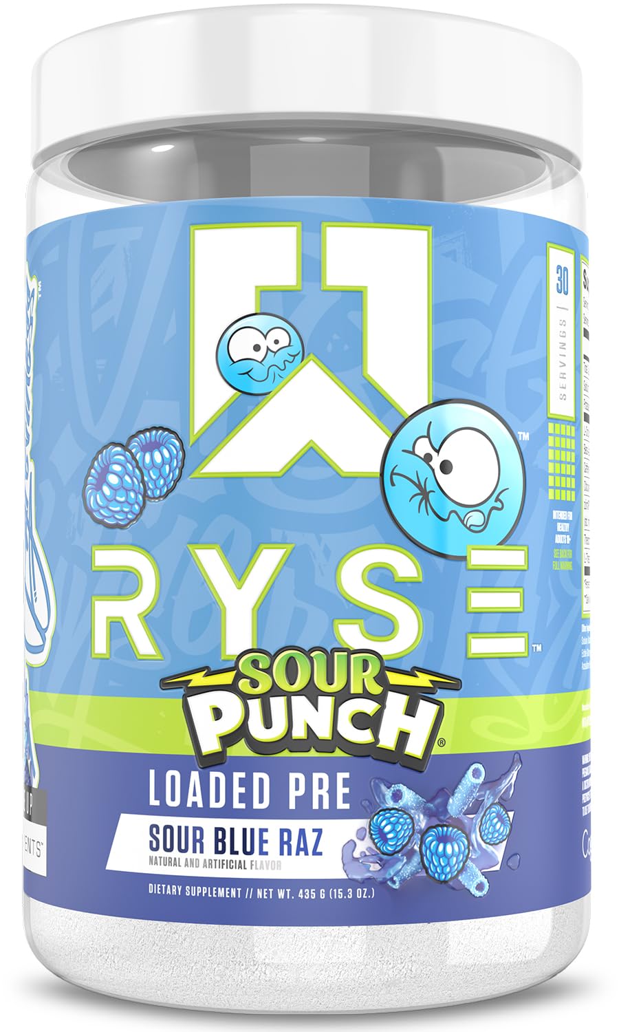 RYSE Loaded Pre Workout bottle with Sour Punch Blue Raz for focused training energy.