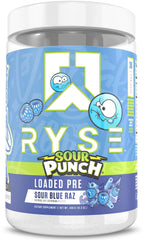 RYSE Loaded Pre Workout bottle with Sour Punch Blue Raz for focused training energy.