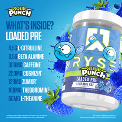 Mixing glass shows RYSE Loaded Pre Workout mix for sustained energy and focus.
