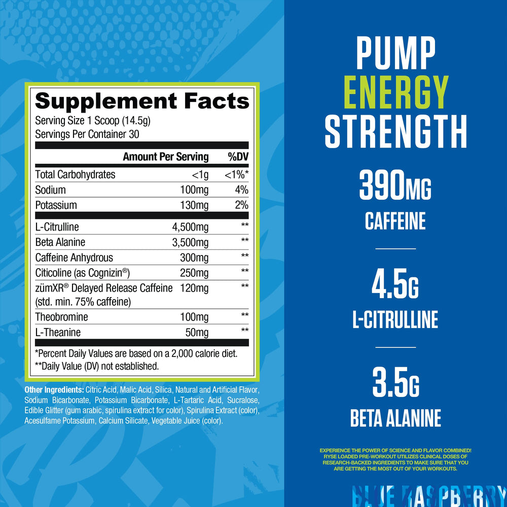RYSE Loaded Pre Workout scoop ready to mix for a clean pump.