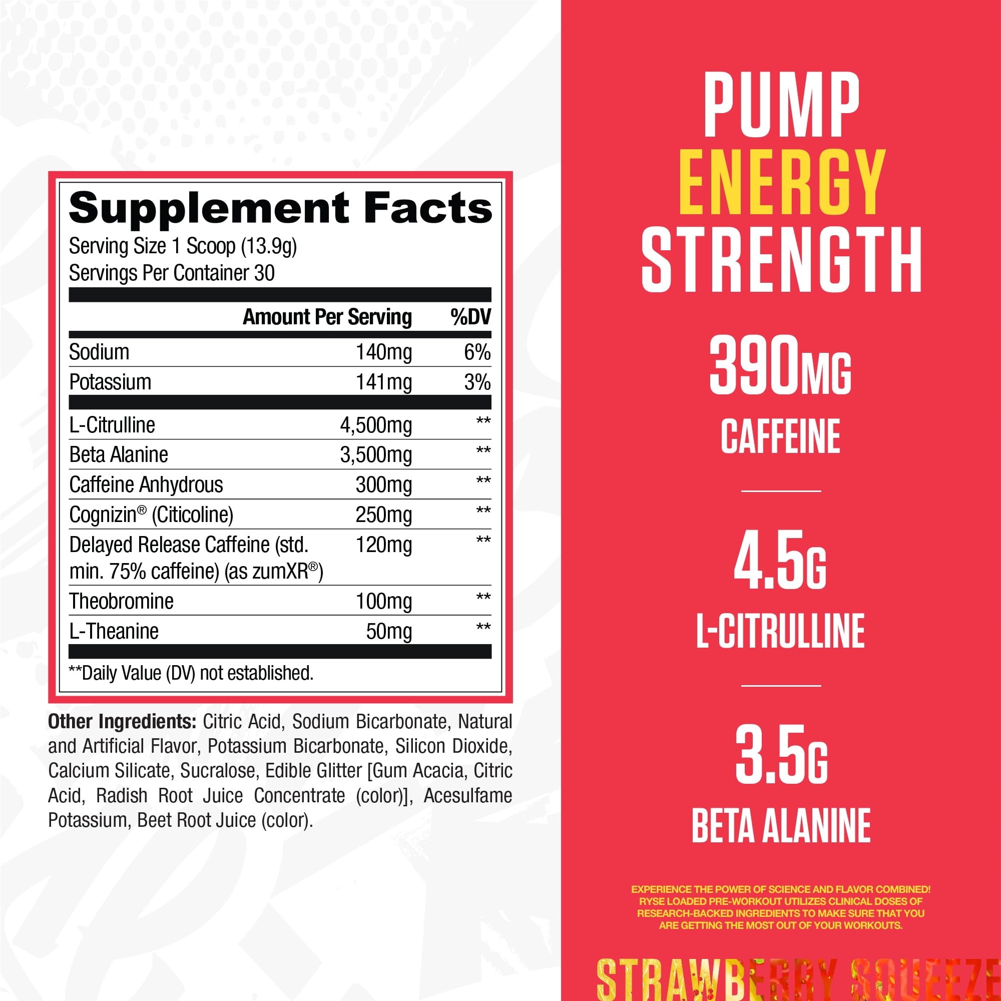RYSE Loaded Pre-Workout Strawberry Squeeze scoop ready for training.