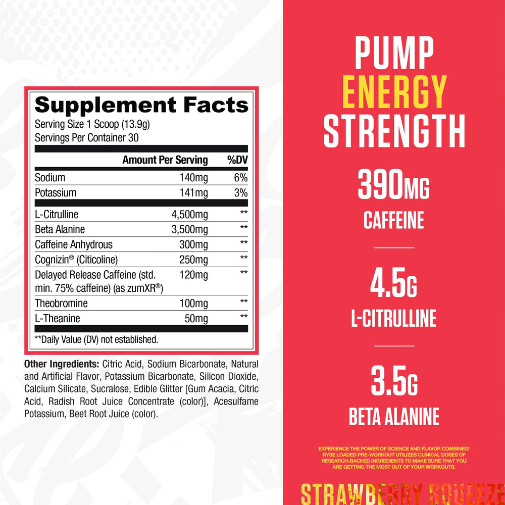 RYSE Loaded Pre-Workout Strawberry Squeeze scoop ready for training.