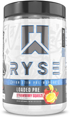 RYSE Loaded Pre-Workout Strawberry Squeeze tub showcasing powered pump and focus.