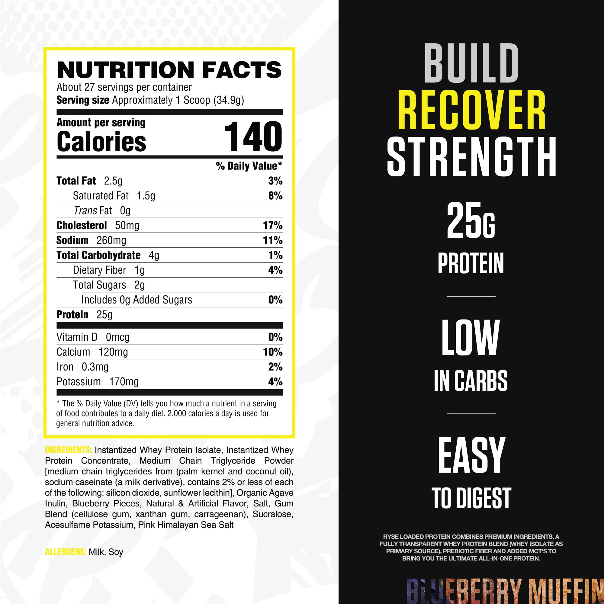 RYSE Loaded Protein Powder label highlighting low sugar and low carb profile.