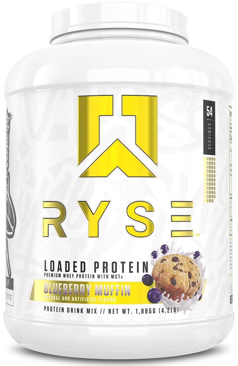 RYSE Loaded Protein Powder Blueberry Muffin tub showcasing 25g protein per serving for recovery.