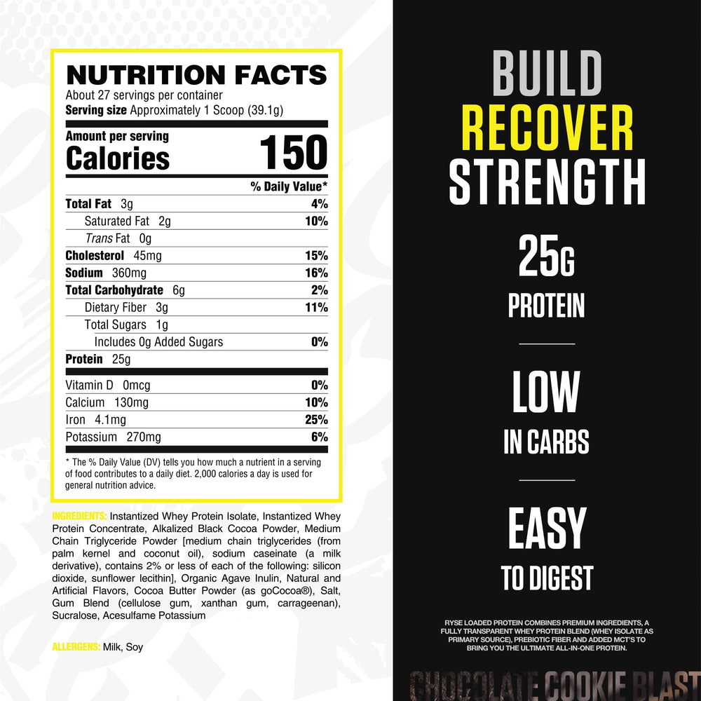 RYSE Loaded Protein pouring scoop demonstrates quick mixability after workouts.