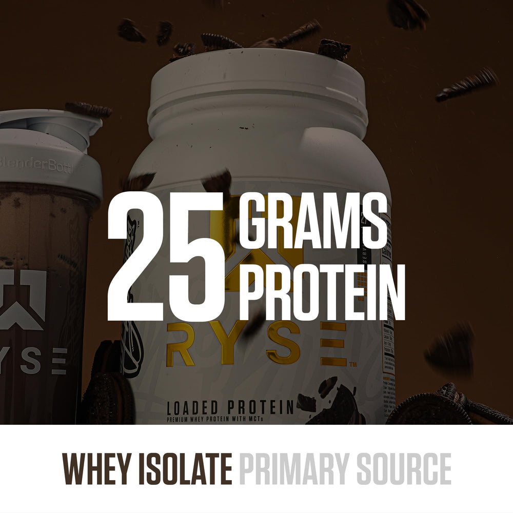 RYSE Loaded Protein scoop on label emphasizes 25g protein per serving.