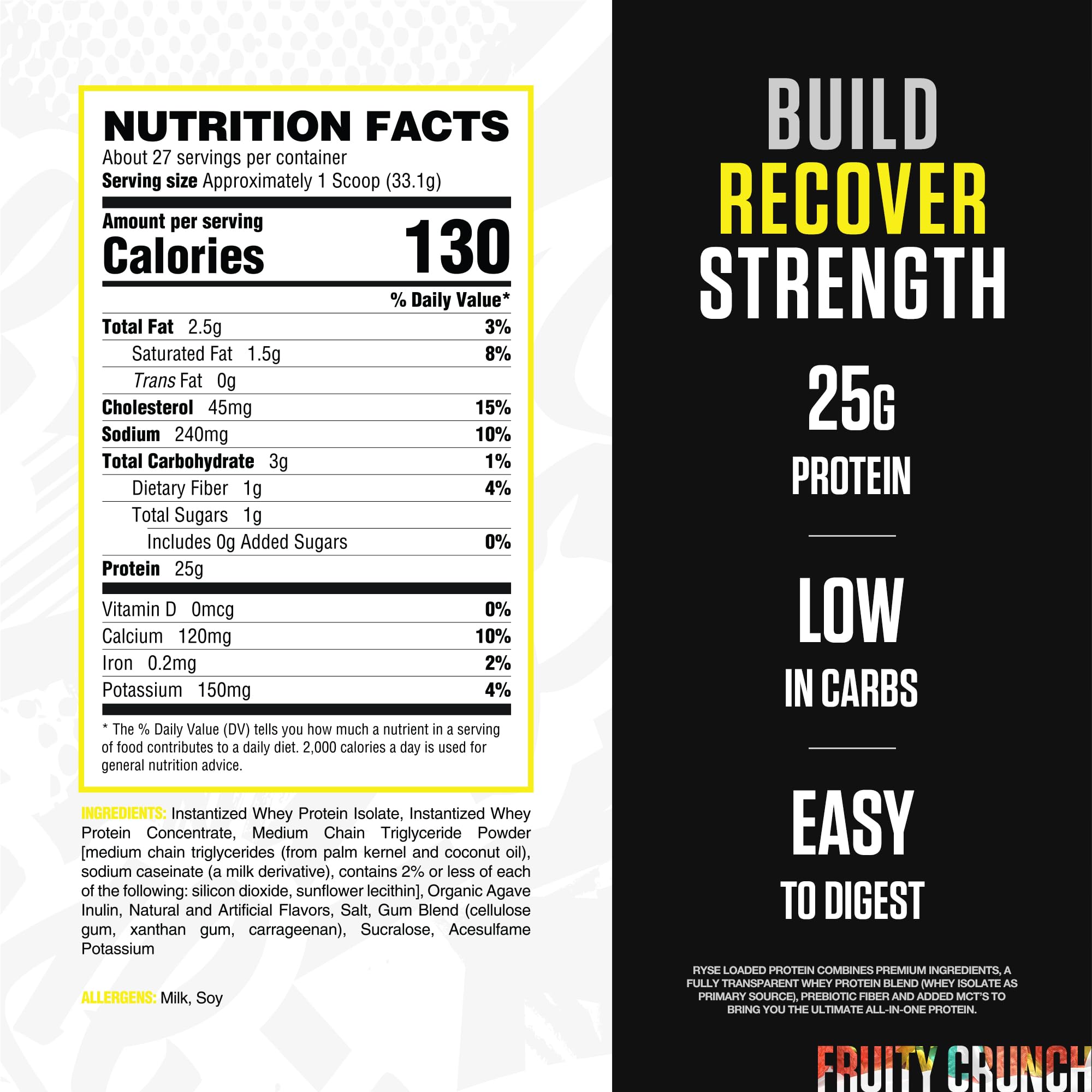 Nutrition label close-up of RYSE Loaded Protein Fruity Crunch for macro details