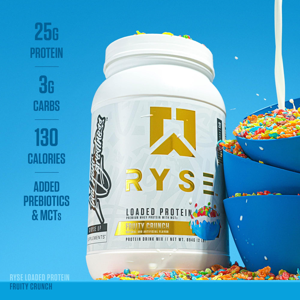 Shaker cup with RYSE Loaded Protein Fruity Crunch ready to blend
