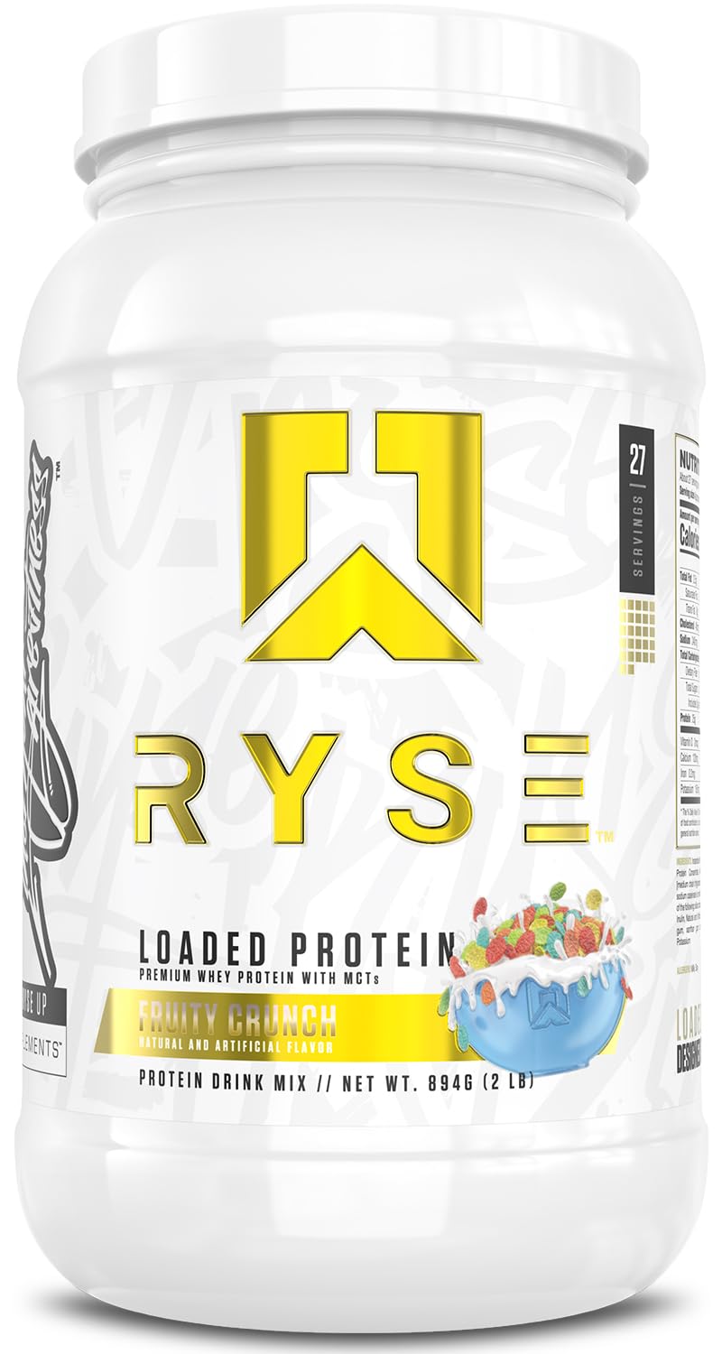 RYSE Loaded Protein Fruity Crunch tub front with label visible, showcasing the product identity