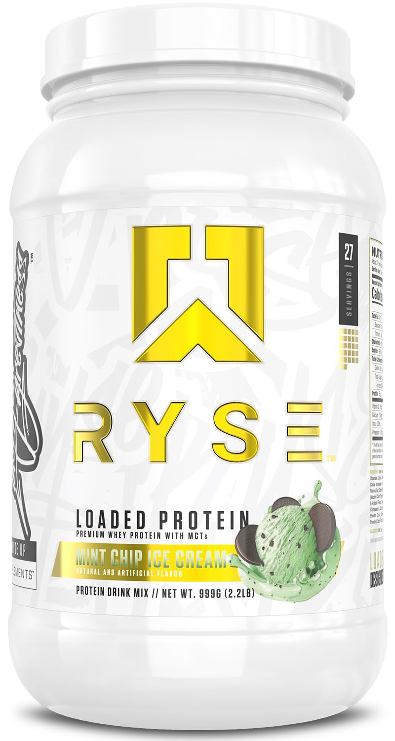 RYSE Loaded Protein Mint Chip Ice Cream tub showing 27 servings for post-workout recovery