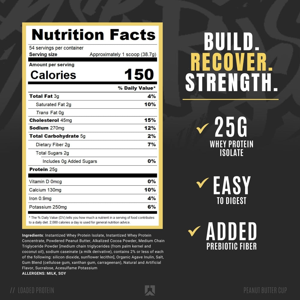 RYSE Loaded Protein Powder label close-up shows ingredients and clean profile.