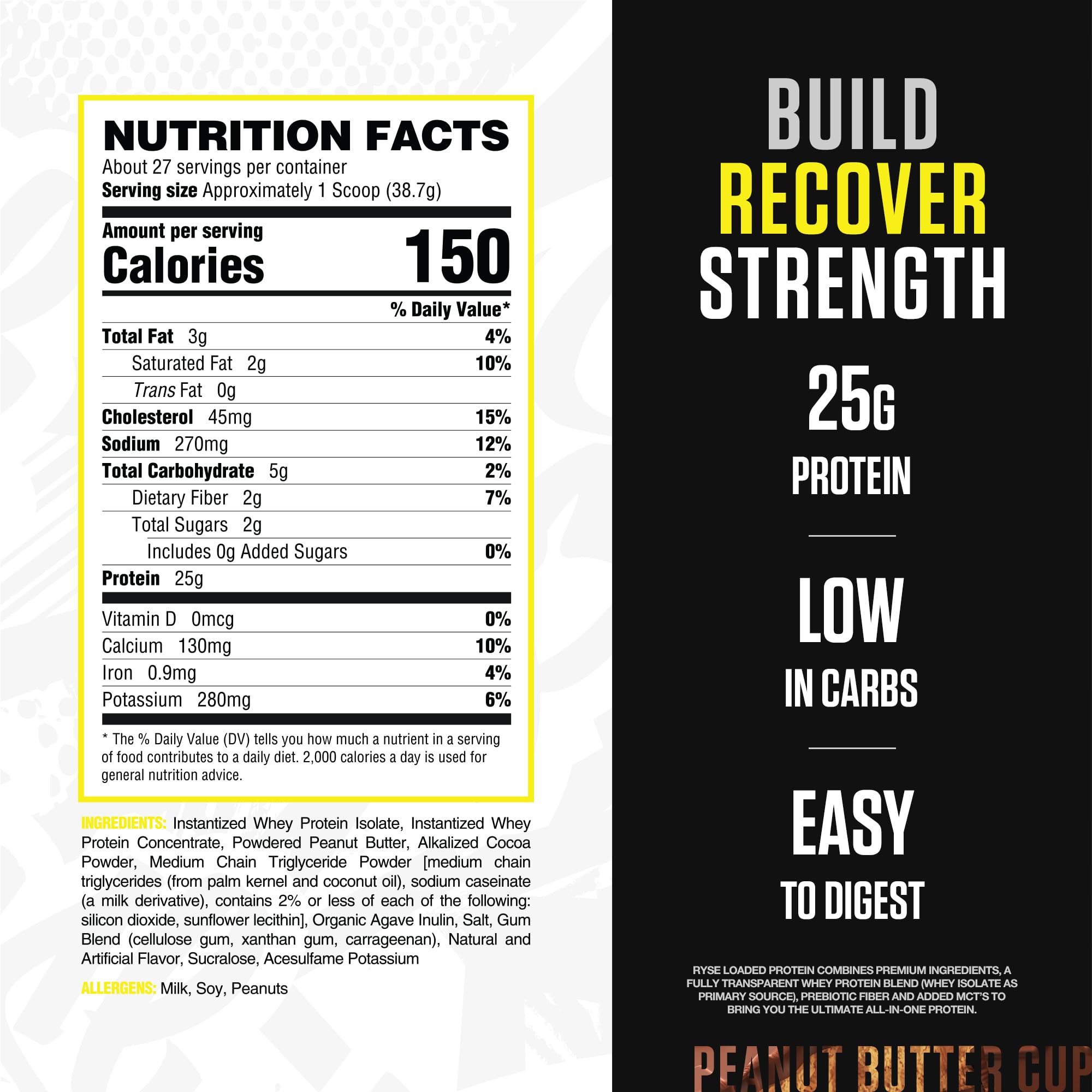RYSE Loaded Protein Peanut Butter Cup powder close-up highlights smooth mixability