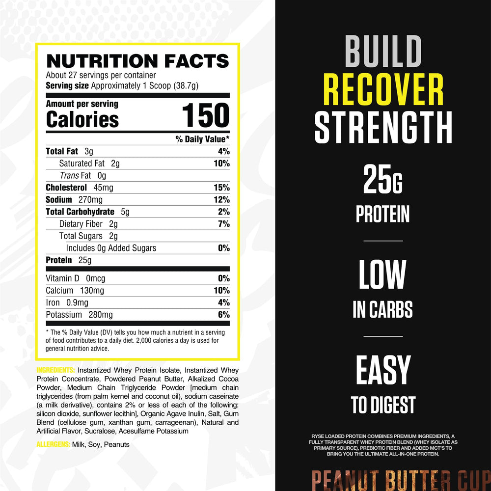 RYSE Loaded Protein Peanut Butter Cup powder close-up highlights smooth mixability