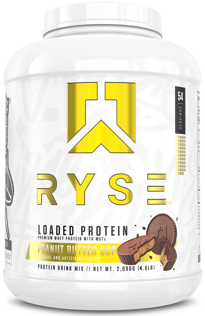 RYSE Loaded Protein Powder tub front view, Peanut Butter Cup flavor, ideal post-workout recovery.