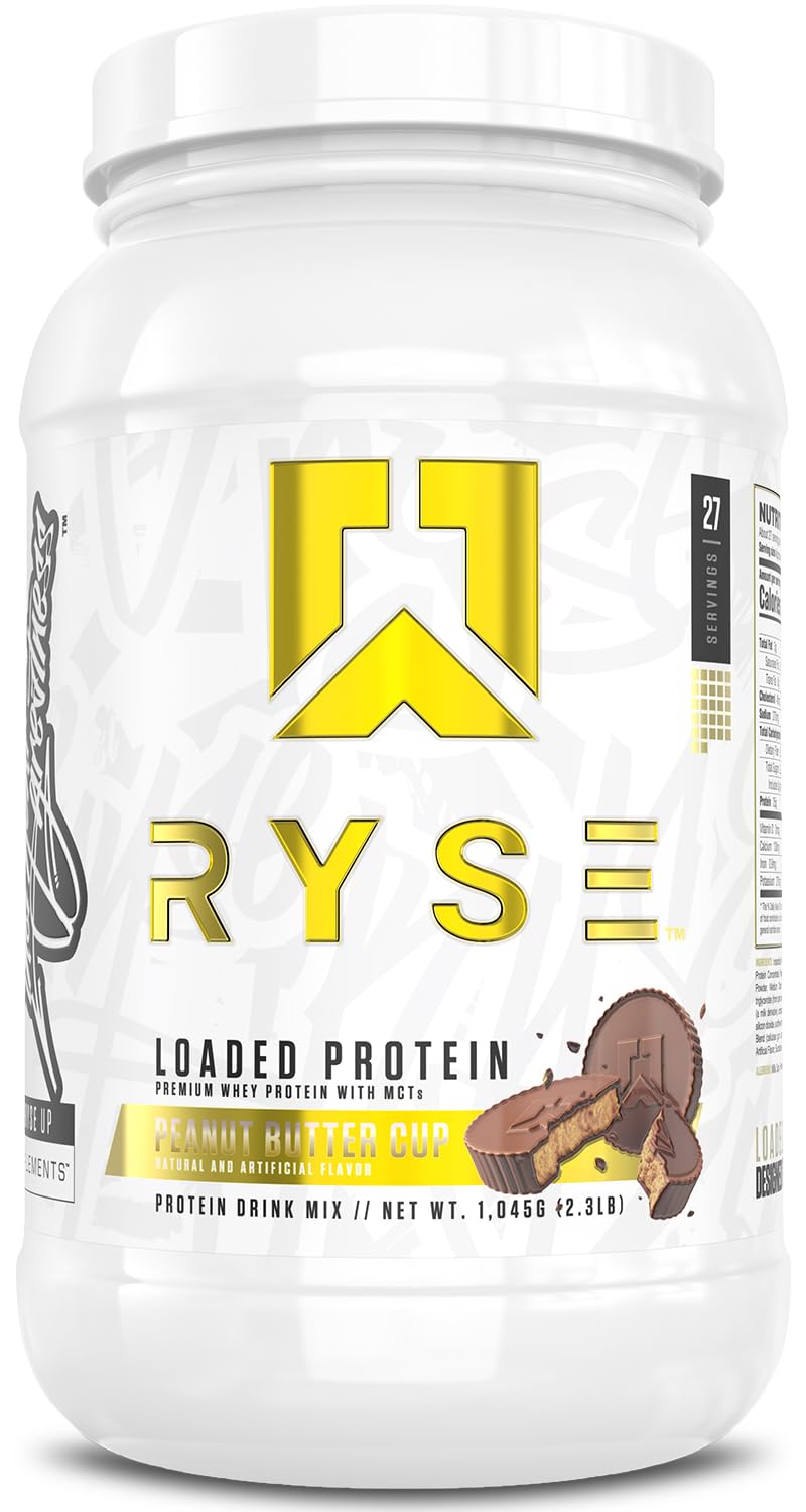 RYSE Loaded Protein Powder Peanut Butter Cup tub shows premium protein blend for post-workout support