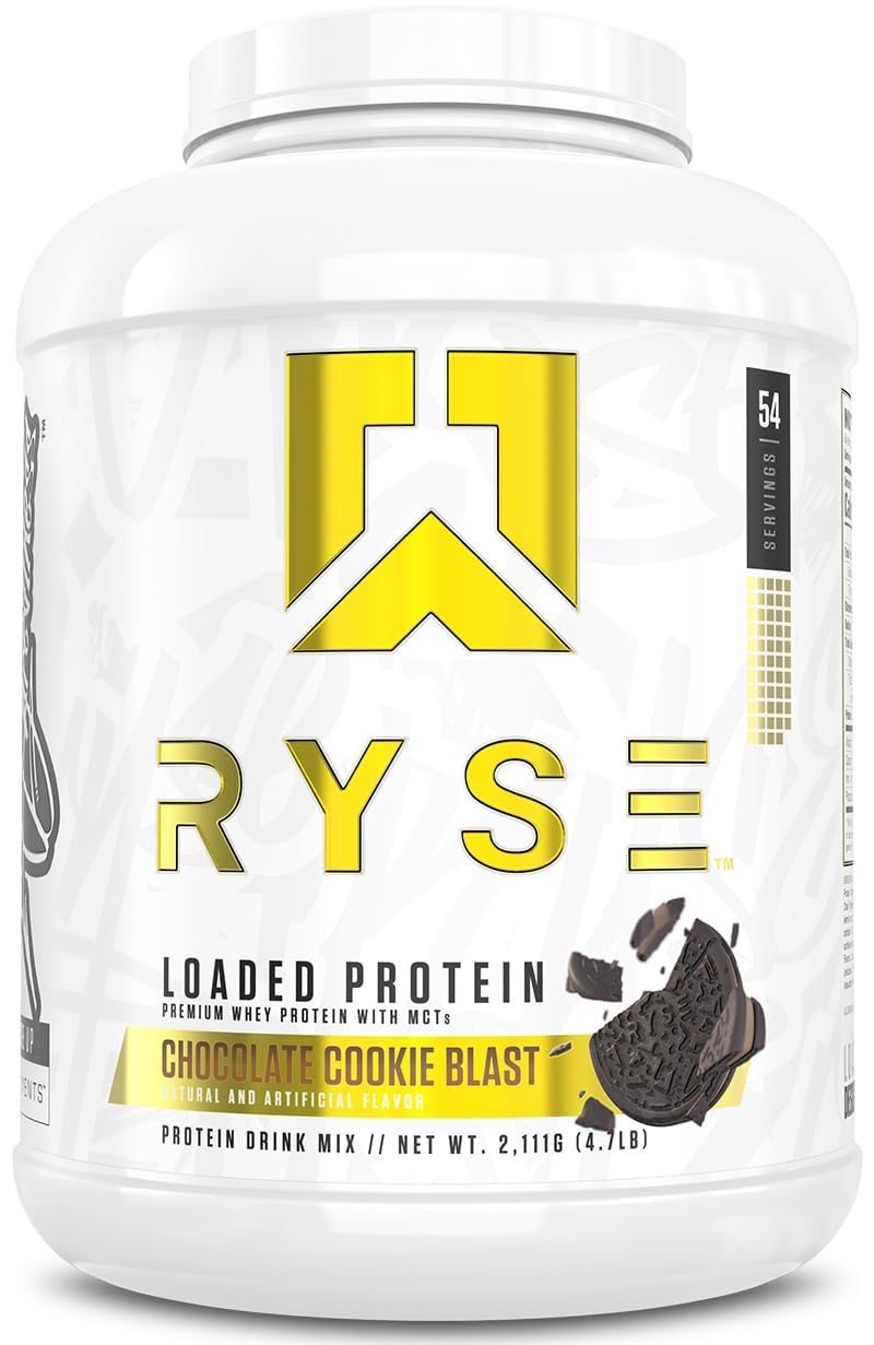 RYSE Loaded Protein Powder bottle in chocolate cookie blast flavor for workouts.