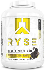 RYSE Loaded Protein Powder bottle in chocolate cookie blast flavor for workouts.