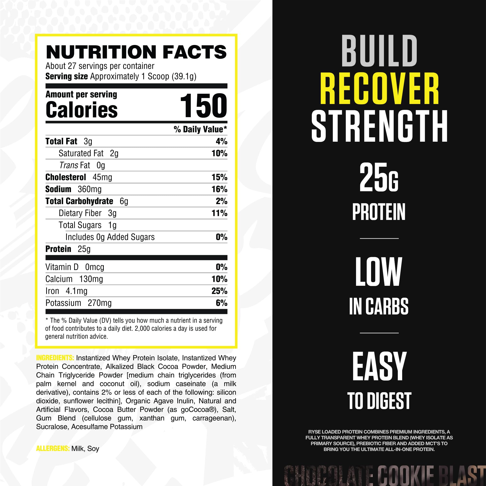 RYSE Loaded Protein Powder Chocolate Cookie Blast label close-up highlighting the protein blend