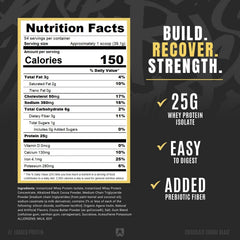 Serving scoop shows 25g protein per serving for post-workout recovery.