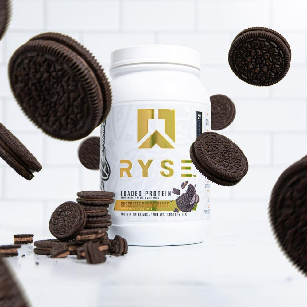 RYSE Loaded Protein Powder 4 lb tub close-up showing 54 servings for macro-friendly fueling.