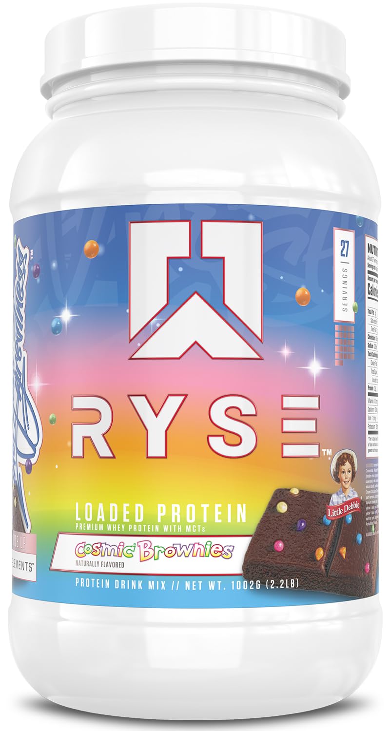 RYSE Loaded Protein Powder Cosmic Brownie tub front showing label for muscle support