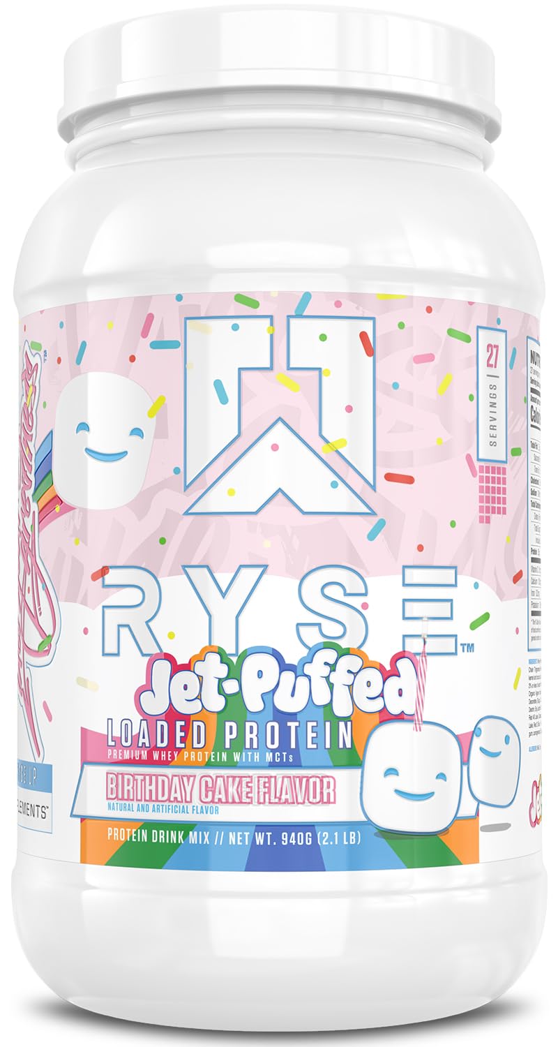 RYSE Loaded Protein Powder tub in Jet-Puffed Birthday Cake flavor for post-workout recovery