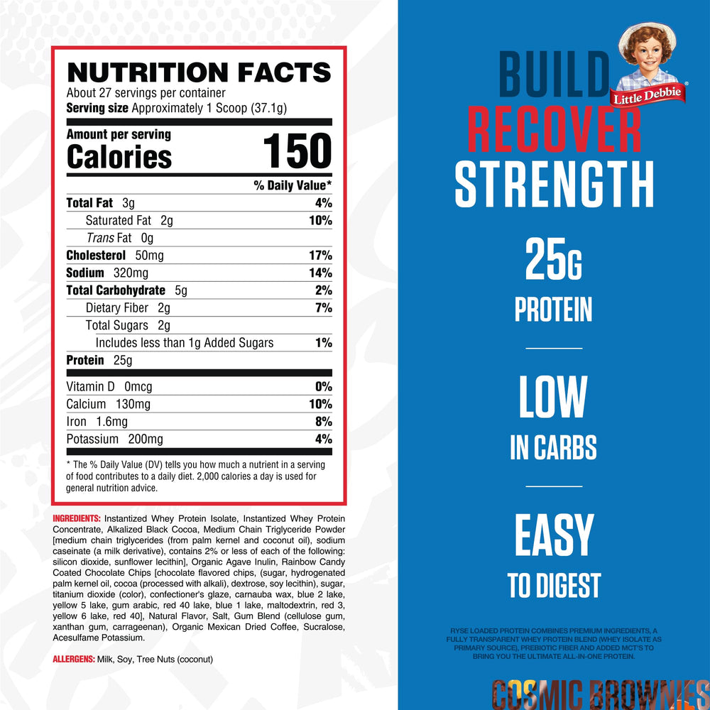 RYSE Loaded Protein Powder scoop in a shaker showing 25g protein per serving for post-workout fueling