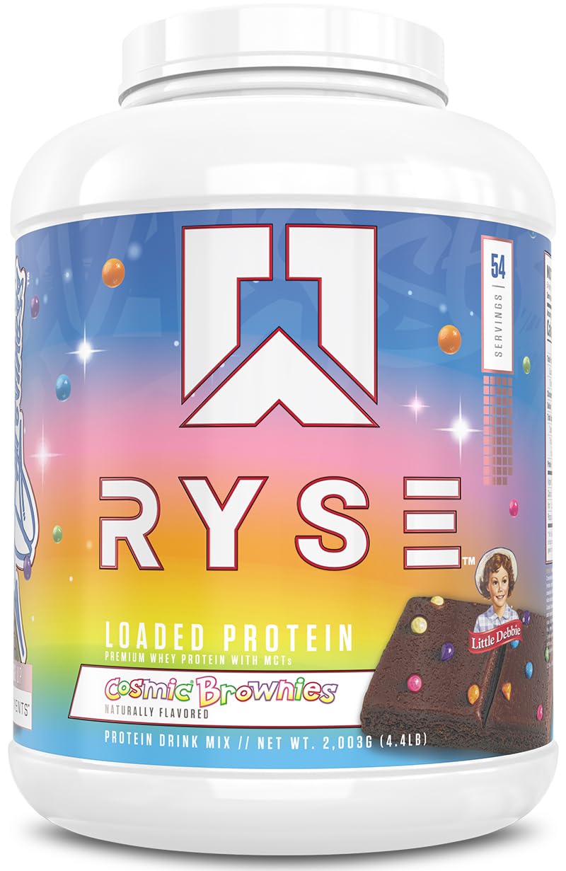 RYSE Loaded Protein Powder tub in Little Debbie Cosmic Brownie flavor for post-workout recovery