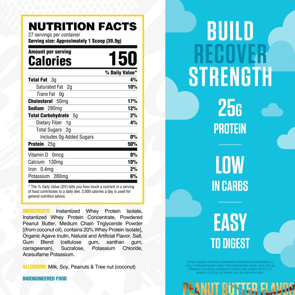 RYSE Loaded Protein Powder scoop close-up showing smooth texture for post-workout shakes.