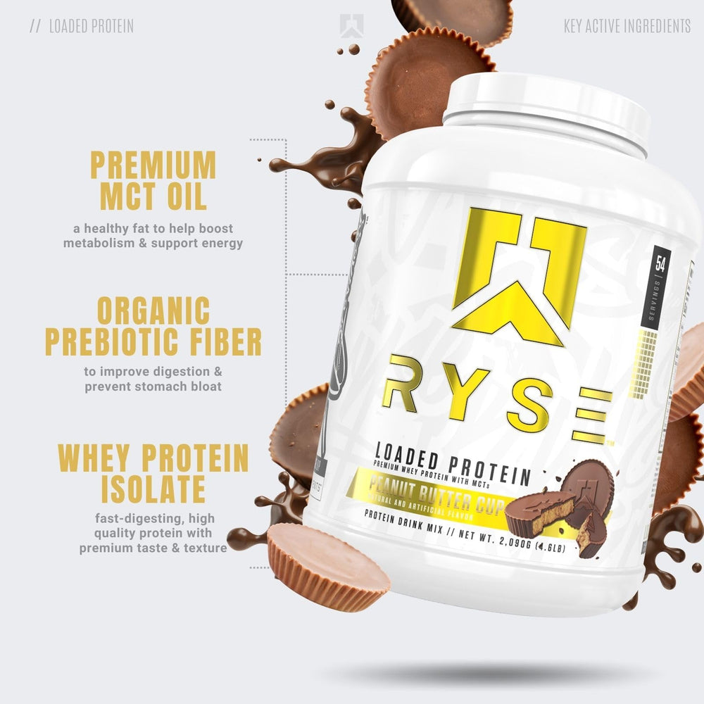 RYSE scoop pouring powder, easy mix for smoothies.
