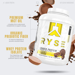 RYSE scoop pouring powder, easy mix for smoothies.