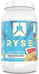 RYSE Loaded Protein Powder in Skippy Peanut Butter flavor tub, convenient packaging for quick shakes.