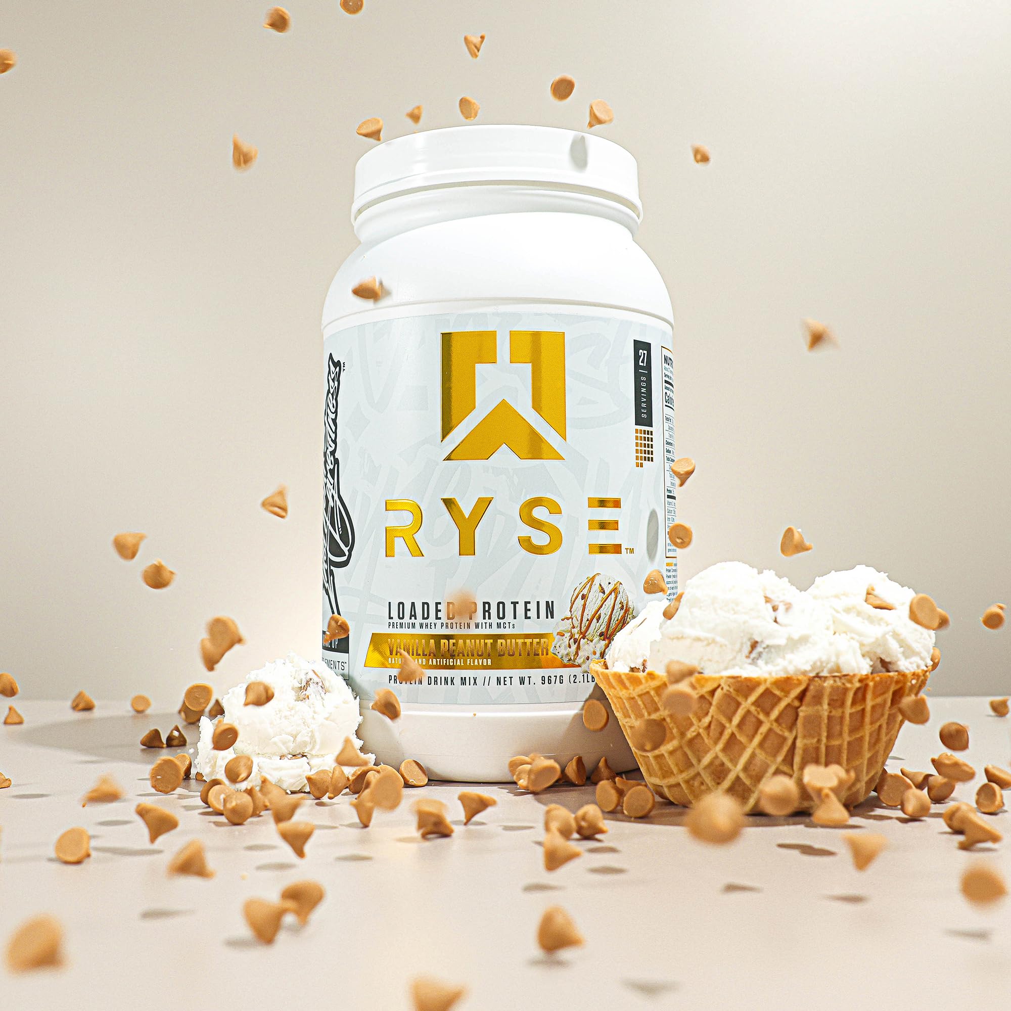 RYSE label highlights prebiotic fiber and MCTs for gut health and energy.