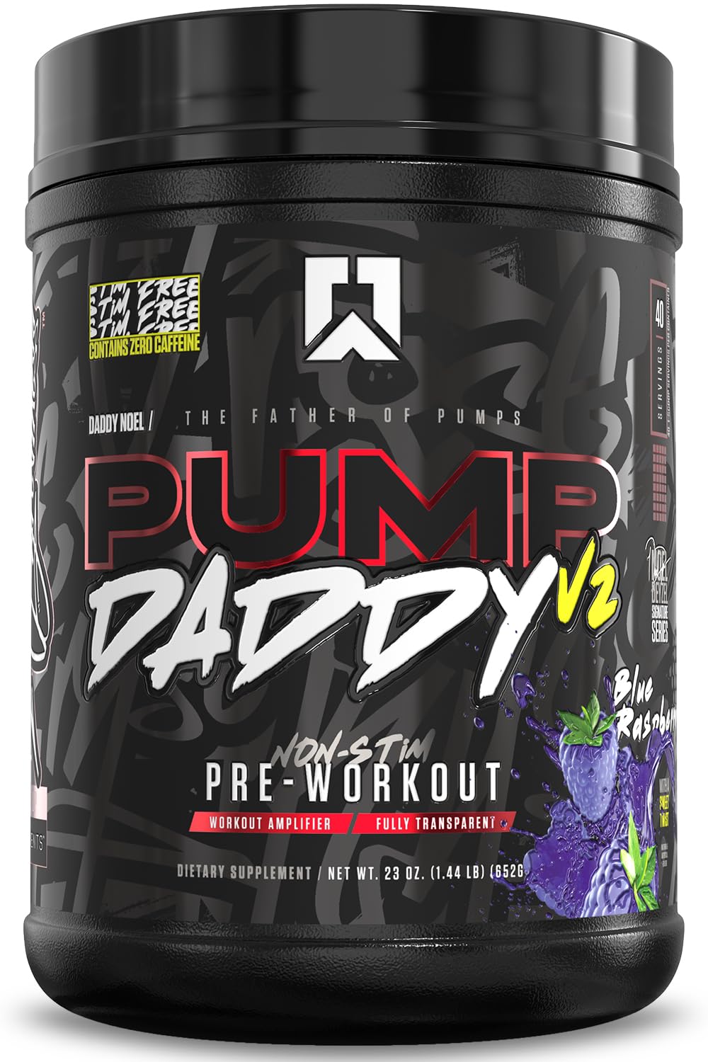 RYSE Pump Daddy V2 blue raspberry powder bottle pour for strong pre-workout pumps