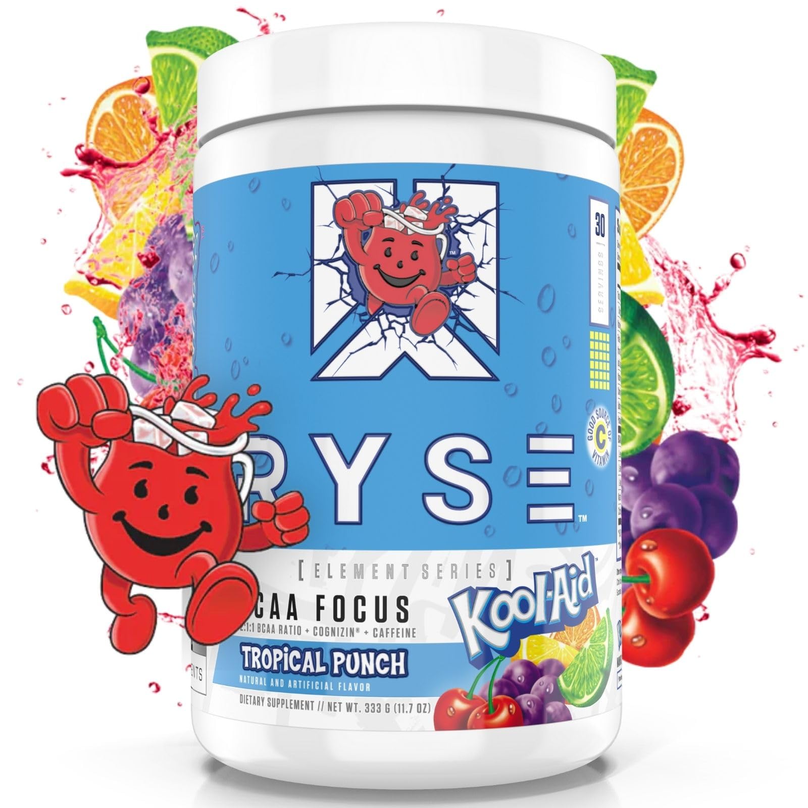 RYSE Up BCAA Focus Powder Kool-Aid Tropical Punch bottle boosts hydration during workouts.