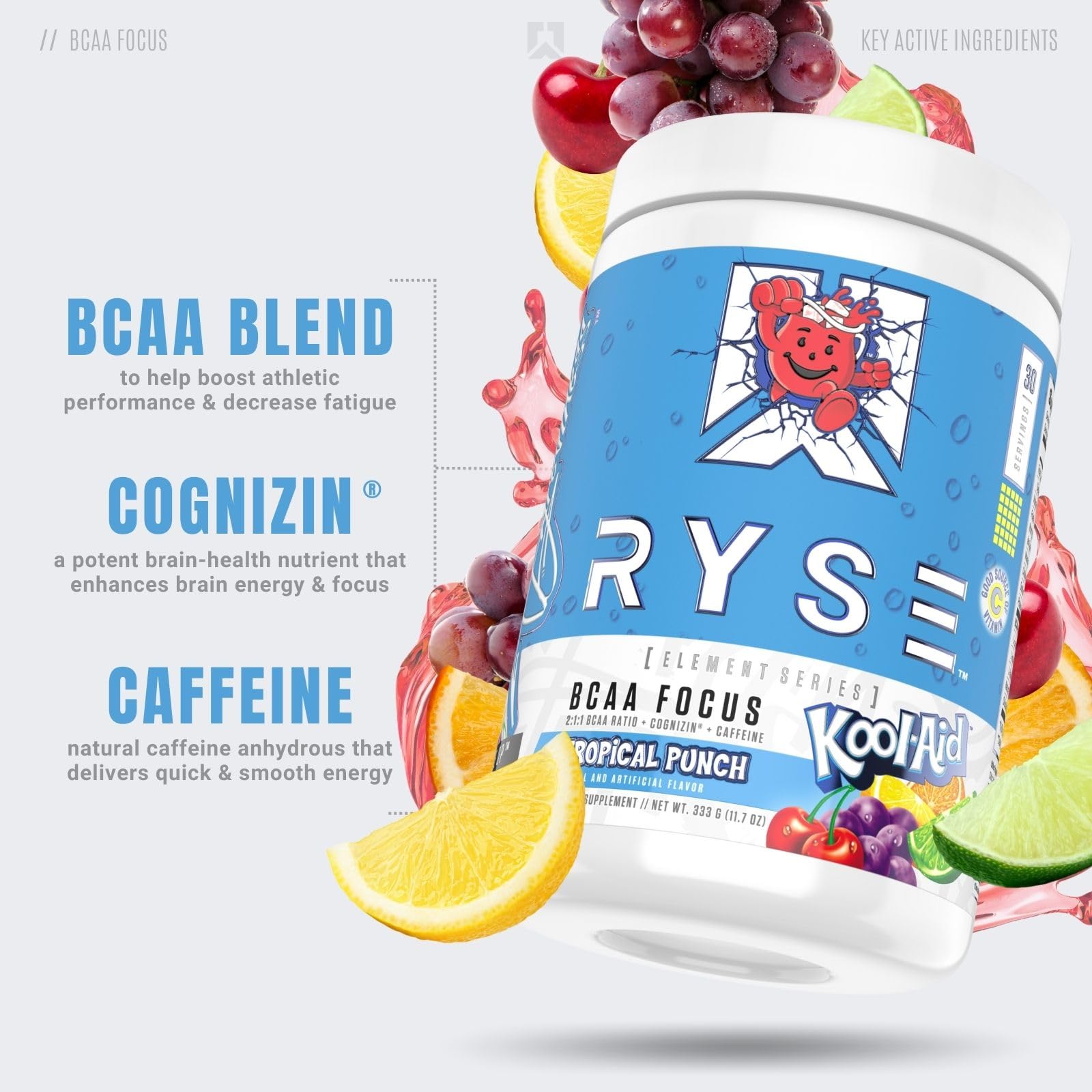 RYSE Up BCAA Focus Powder dissolves in water for crisp focus and taste.