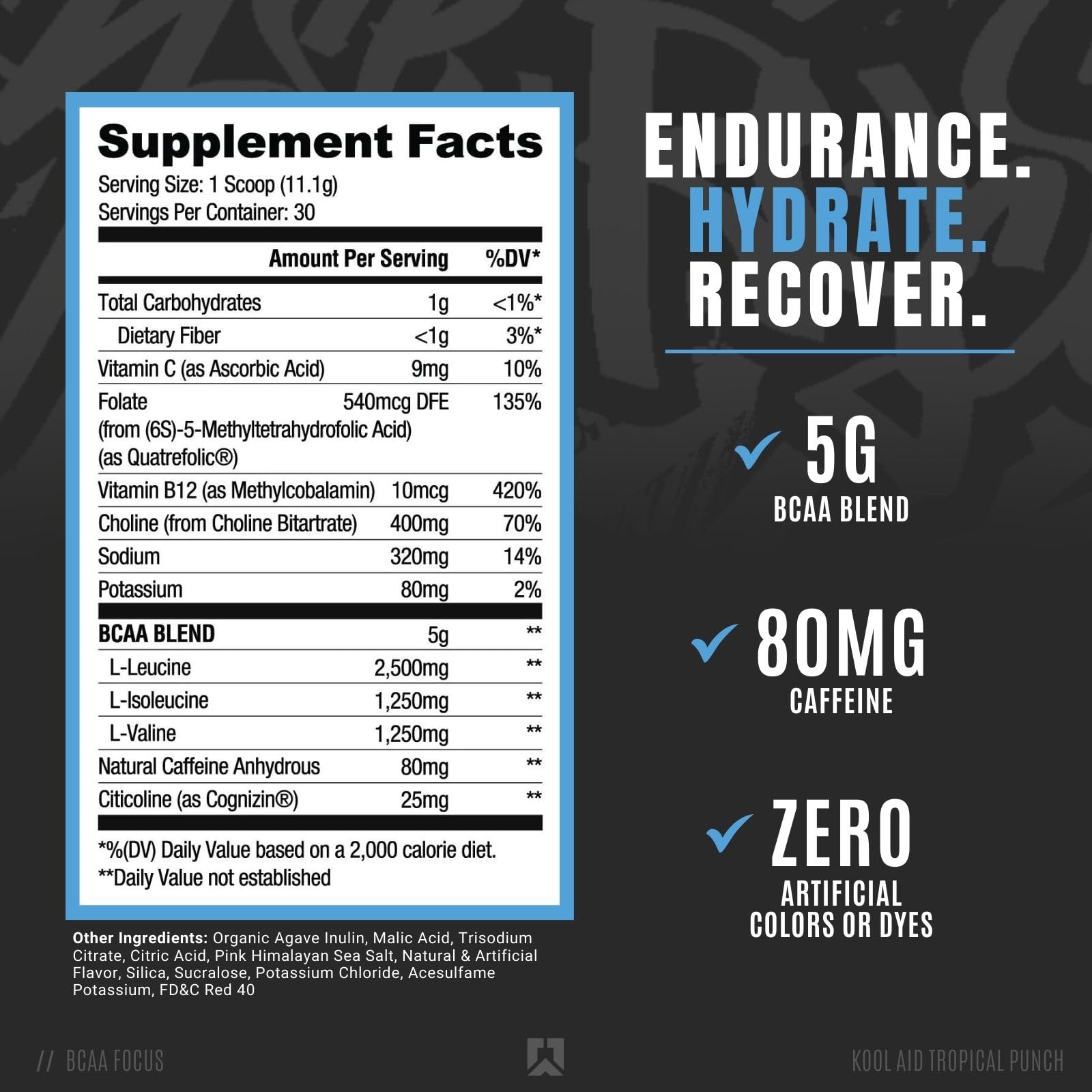 RYSE Up BCAA Focus Powder Kool-Aid Tropical Punch pour reveals a refreshing energy boost.