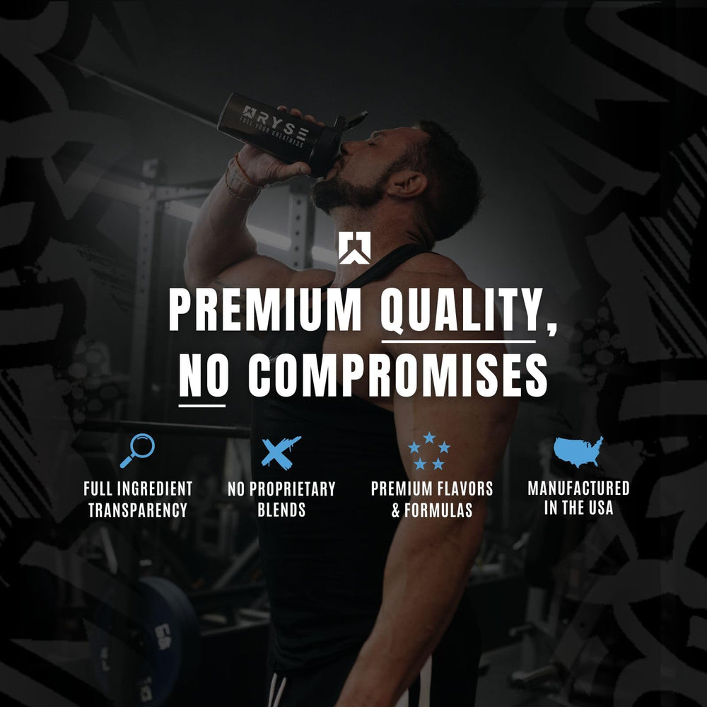 RYSE Up BCAA Focus Powder measuring scoop shows precise serving for workouts.