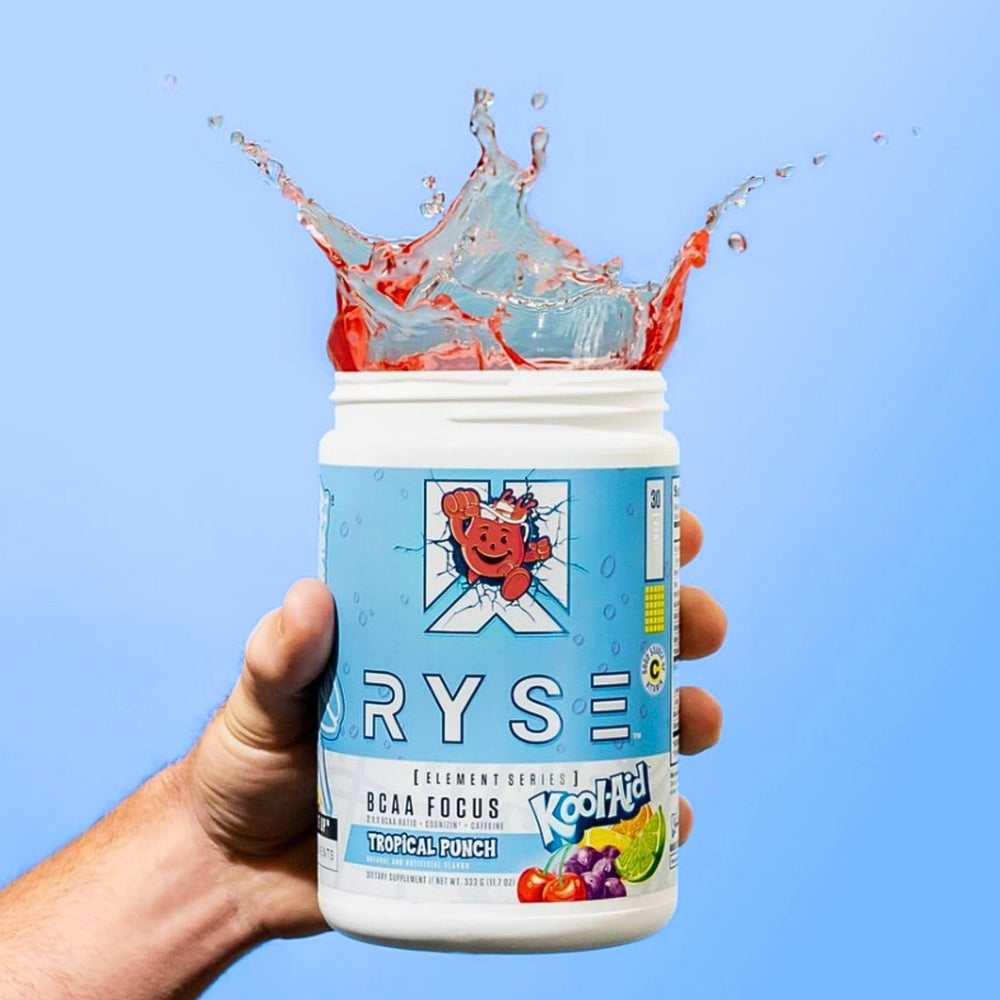 RYSE Up BCAA Focus Powder in a gym bag supports on-the-go energy.