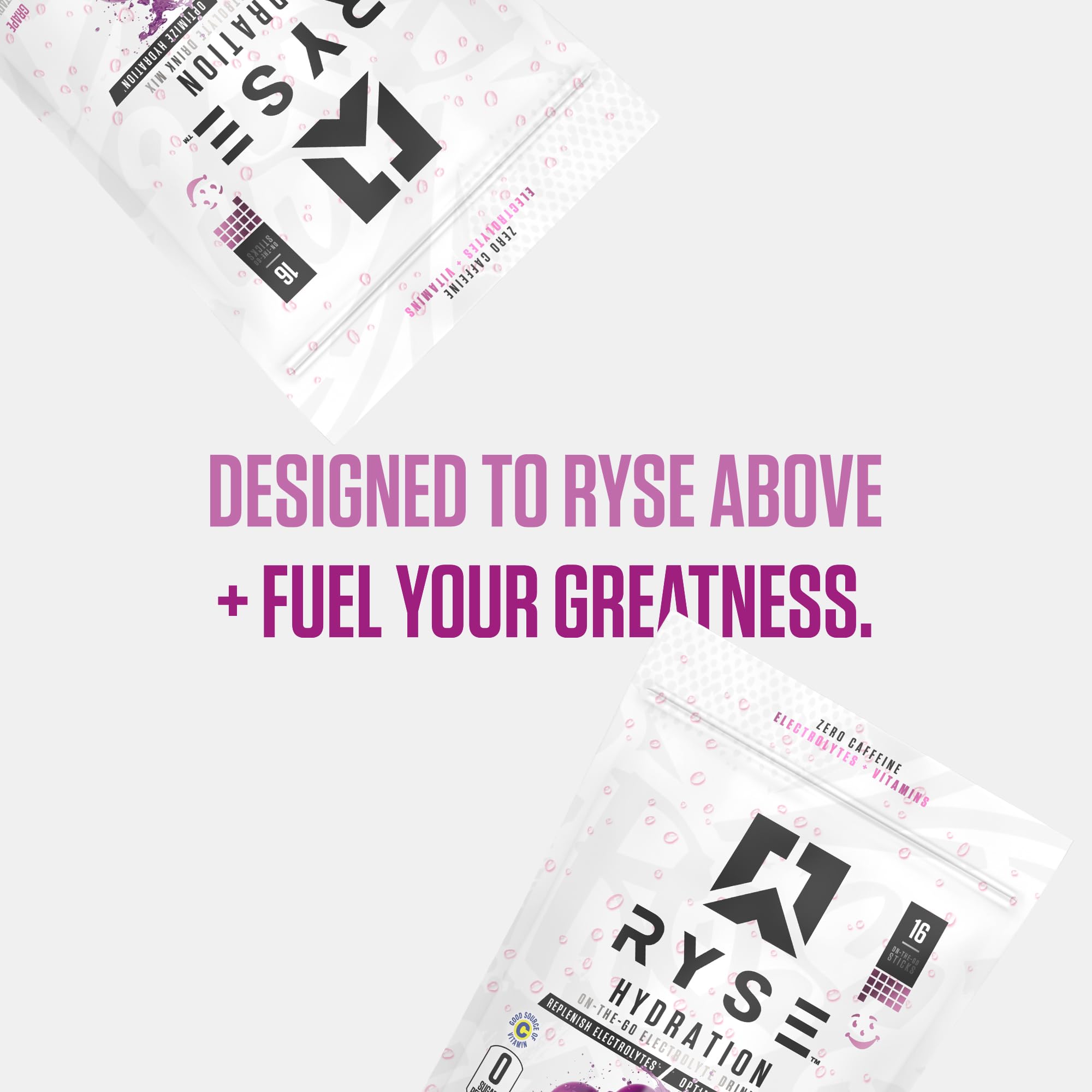 Close-up of RYSE Up Hydration Sticks zero sugar label on the container.