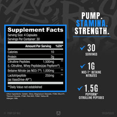 RYSE Up Project Blackout Pump Cap Max bottle back showing ingredients and usage guidance.