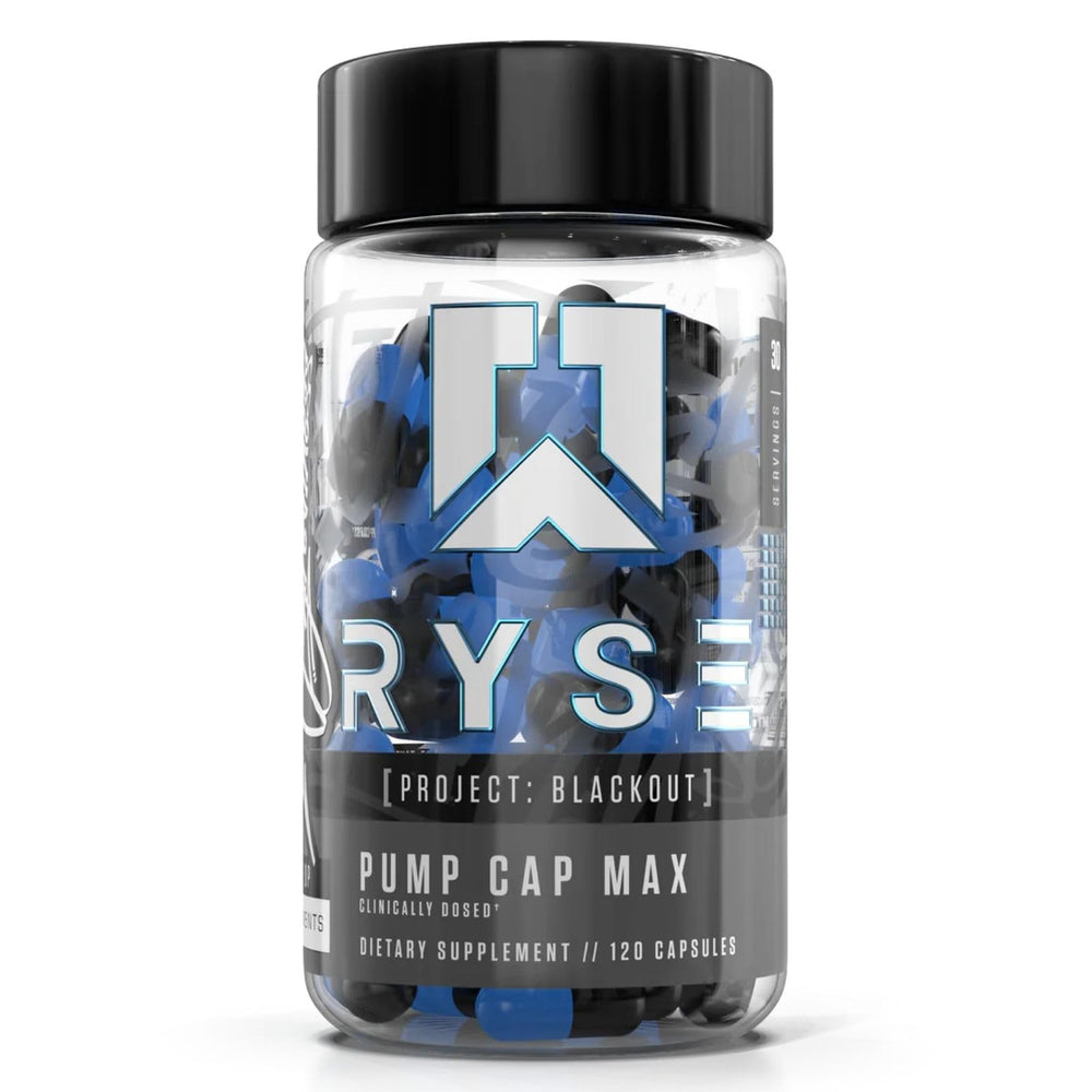 RYSE Up Project Blackout Pump Cap Max bottle front, stimulant-free pre-workout option.