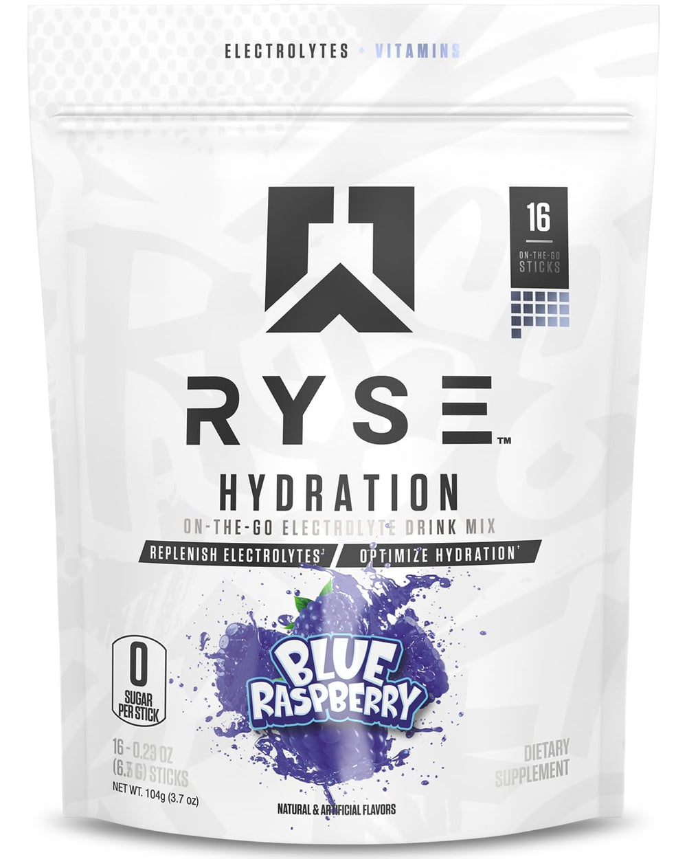 RYSE Up Hydration blue raspberry packets for on-the-go electrolyte balance.