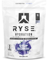 RYSE Up Hydration blue raspberry packets for on-the-go electrolyte balance.